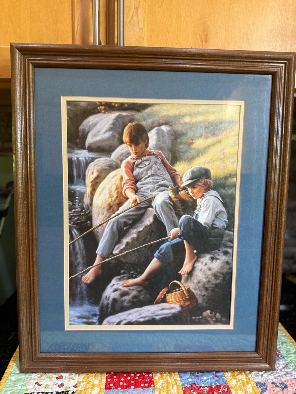 Vintage Cottage Core Mark Arian Fishing at Sunset 16x20 Walnut Frame Picture